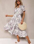 elsa.m by may Rochie de cocktail cloș Alb-Gri cu curea decorată cu cataramă și elastic în talie Vimalinne