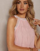 elsa.m by may Rochie de cocktail roz fără mâneci cu perle decorative și volane Hilalia