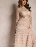 elsa.m by may Rochie de Dantelă Bej Maxi cu croială evazată și volane din tul Sivina