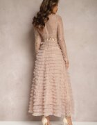 elsa.m by may Rochie de Dantelă Bej Maxi cu croială evazată și volane din tul Sivina