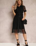 elsa.m by may Rochie de dantelă Neagră tip cămașă cu mânecă scurtă și cordon legat Noralia