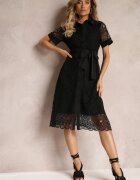 elsa.m by may Rochie de dantelă Neagră tip cămașă cu mânecă scurtă și cordon legat Noralia