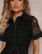 elsa.m by may Rochie de dantelă Neagră tip cămașă cu mânecă scurtă și cordon legat Noralia