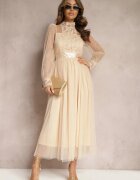 elsa.m by may Rochie din plasă Bej Maxi cu croială evazată cu dantelă decorativă Narile