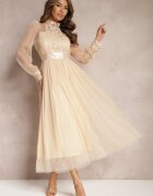 elsa.m by may Rochie din plasă Bej Maxi cu croială evazată cu dantelă decorativă Narile