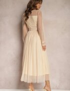 elsa.m by may Rochie din plasă Bej Maxi cu croială evazată cu dantelă decorativă Narile