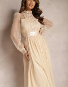 elsa.m by may Rochie din plasă Bej Maxi cu croială evazată cu dantelă decorativă Narile
