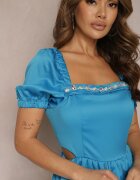 elsa.m by may Rochie Evazată Albastră Mini cu Decupaje Laterale și Zirconii la Decolteu Erelasia