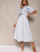 elsa.m by may Rochie Evazată Albastru deschis din Bumbac cu Flori pe Mâneci și Curea în Talie Andronea