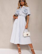 elsa.m by may Rochie Evazată Albastru deschis din Bumbac cu Flori pe Mâneci și Curea în Talie Andronea