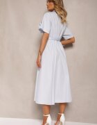 elsa.m by may Rochie Evazată Albastru deschis din Bumbac cu Flori pe Mâneci și Curea în Talie Andronea