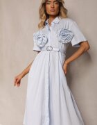 elsa.m by may Rochie Evazată Albastru deschis din Bumbac cu Flori pe Mâneci și Curea în Talie Andronea