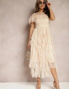 elsa.m by may Rochie Evazată Bej cu Inserții Transparente din Dantelă Saela