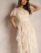 elsa.m by may Rochie Evazată Bej cu Inserții Transparente din Dantelă Saela