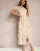 elsa.m by may Rochie Evazată Bej cu Inserții Transparente din Dantelă Saela