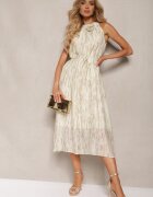 elsa.m by may Rochie evazată de seară bej deschis cu decolteu halter și broșă în formă de floare Previiana