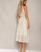 elsa.m by may Rochie evazată de seară bej deschis cu decolteu halter și broșă în formă de floare Previiana