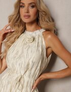 elsa.m by may Rochie evazată de seară bej deschis cu decolteu halter și broșă în formă de floare Previiana