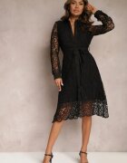 elsa.m by may Rochie evazată midi neagră decorată cu dantelă și curea în talie Sailla