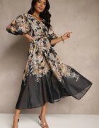 elsa.m by may Rochie Evazată Neagră din Viscoză cu Imprimeu Floral cu Legătură Redilina