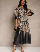 elsa.m by may Rochie Evazată Neagră din Viscoză cu Imprimeu Floral cu Legătură Redilina