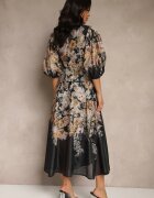 elsa.m by may Rochie Evazată Neagră din Viscoză cu Imprimeu Floral cu Legătură Redilina
