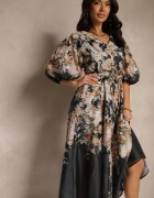 elsa.m by may Rochie Evazată Neagră din Viscoză cu Imprimeu Floral cu Legătură Redilina