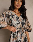 elsa.m by may Rochie Evazată Neagră din Viscoză cu Imprimeu Floral cu Legătură Redilina
