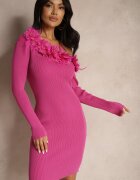elsa.m by may Rochie Fucsia Asimetrică Reiată din Viscoză Decorată cu Pene și Flori 3D Neldari