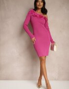 elsa.m by may Rochie Fucsia Asimetrică Reiată din Viscoză Decorată cu Pene și Flori 3D Neldari