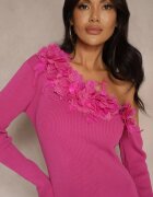 elsa.m by may Rochie Fucsia Asimetrică Reiată din Viscoză Decorată cu Pene și Flori 3D Neldari