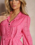 elsa.m by may Rochie Fucsia Decorată cu Broderie și Nasturi de Perle cu Guler Înalt Wialon