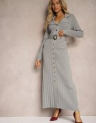 elsa.m by may Rochie Gri Plisată din Tricot de Viscoză cu Buzunare și Curea Cetida