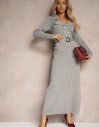 elsa.m by may Rochie Gri Plisată din Tricot de Viscoză cu Buzunare și Curea Cetida