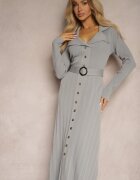 elsa.m by may Rochie Gri Plisată din Tricot de Viscoză cu Buzunare și Curea Cetida