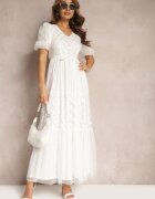 elsa.m by may Rochie Maxi Albă din Tul Cloș cu Curea și Mâneci Bufante Bervilla