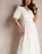 elsa.m by may Rochie Maxi Albă din Tul Cloș cu Curea și Mâneci Bufante Bervilla
