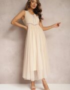 elsa.m by may Rochie Maxi Bej evazată cu dantelă și tul Herdolia