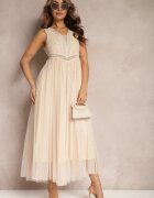 elsa.m by may Rochie Maxi Bej evazată cu dantelă și tul Herdolia