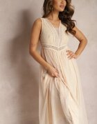elsa.m by may Rochie Maxi Bej evazată cu dantelă și tul Herdolia
