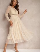 elsa.m by may Rochie Maxi Cloș Bej închis cu inserții de dantelă și tul Kollla