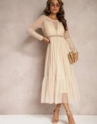 elsa.m by may Rochie Maxi Cloș Bej închis cu inserții de dantelă și tul Kollla