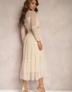 elsa.m by may Rochie Maxi Cloș Bej închis cu inserții de dantelă și tul Kollla