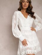 elsa.m by may Rochie Mini Brodată Albă cu nasturi și inserții ajurate Albastra