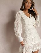 elsa.m by may Rochie Mini Brodată Bej deschis cu nasturi și inserții ajurate Albastra
