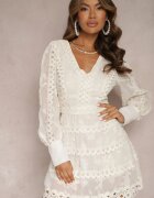 elsa.m by may Rochie Mini Brodată Bej deschis cu nasturi și inserții ajurate Albastra