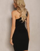 elsa.m by may Rochie Neagră Bodycon cu top asimetric decorat cu aplicație mare floare Pielina