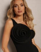 elsa.m by may Rochie Neagră Bodycon cu top asimetric decorat cu aplicație mare floare Pielina