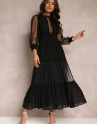 elsa.m by may Rochie Neagră cu Mânecă Bufantă Ornată cu Inserții din Tul Laluna