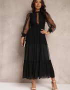 elsa.m by may Rochie Neagră cu Mânecă Bufantă Ornată cu Inserții din Tul Laluna